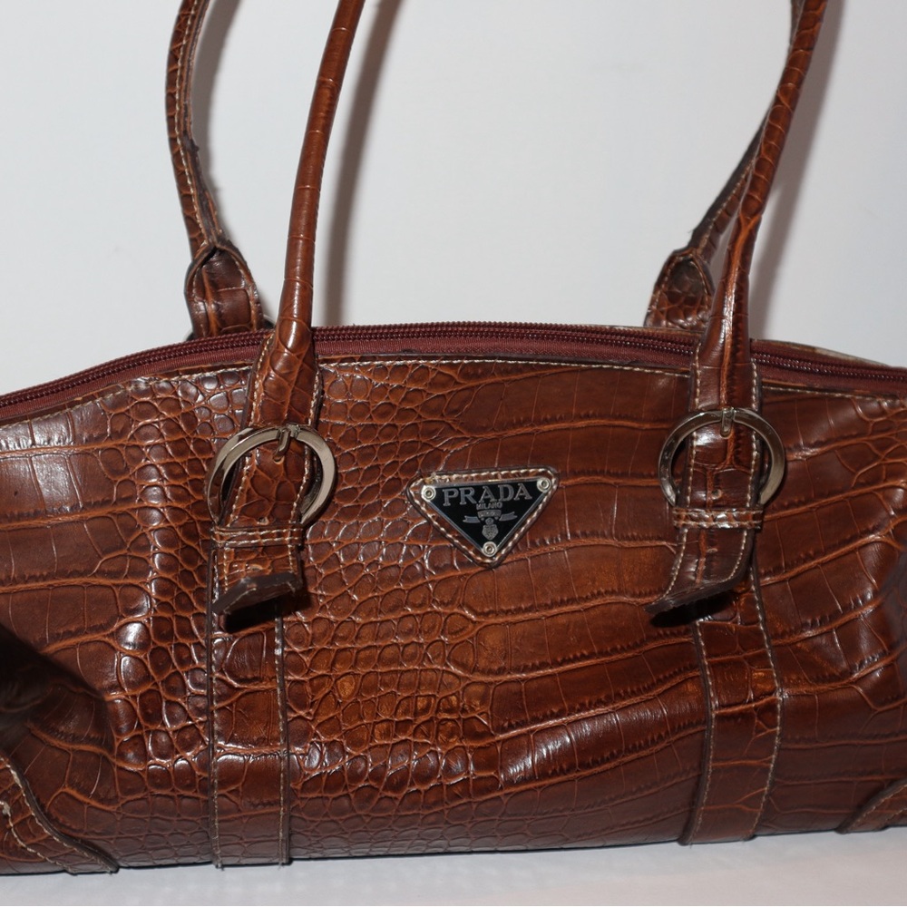 Prada Brown Leather Shoulder Bag with Reptilian Texture